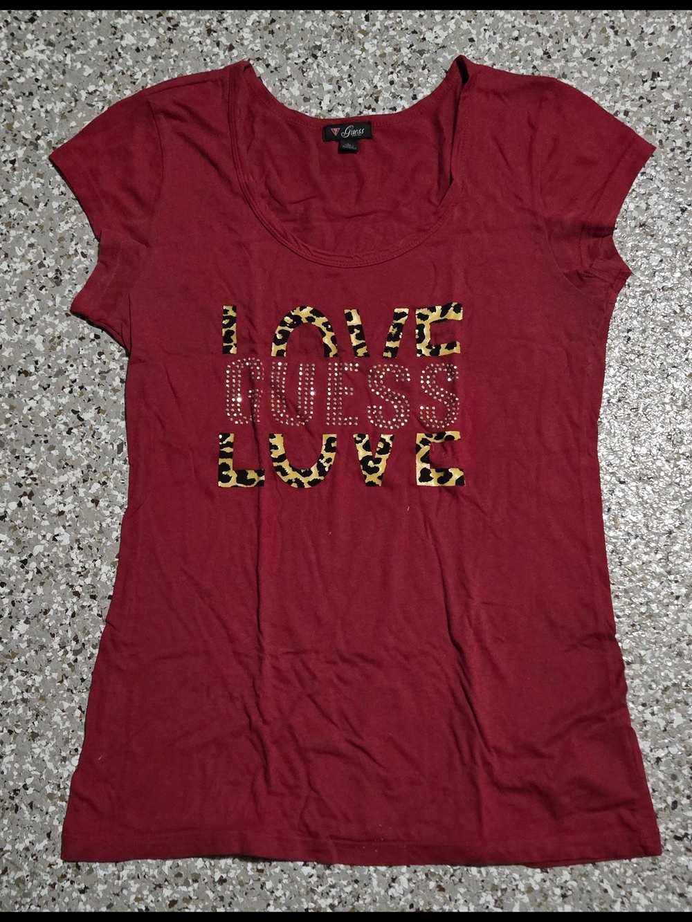 GUESS Red Short-Sleeve 'LOVE' Graphic Tee with Leopard Accent
